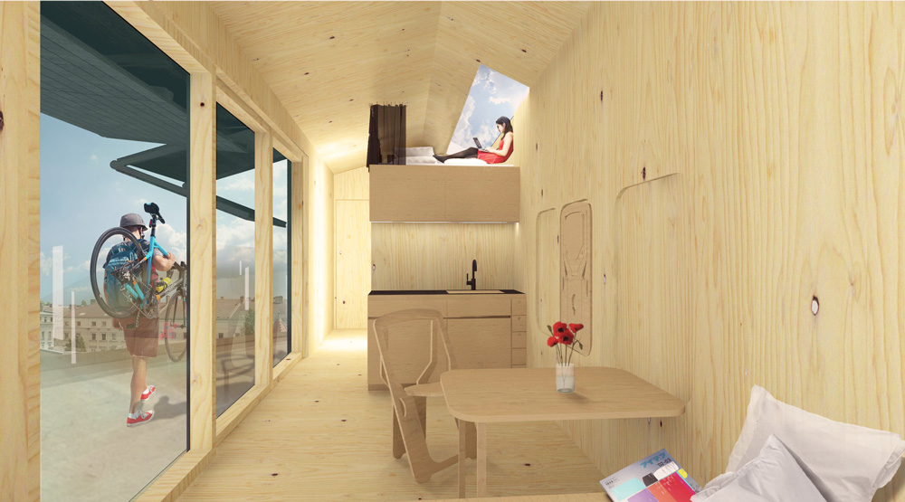 The interior of a CABIN SPACEY including a bathroom, bed, and kitchenette. | © CABIN SPACEY